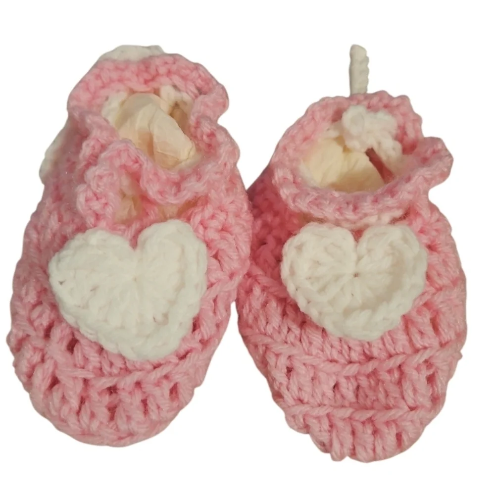 Hand Crafted Pink Crochet Baby Booties with Heart Design hand Knit Handmade 5